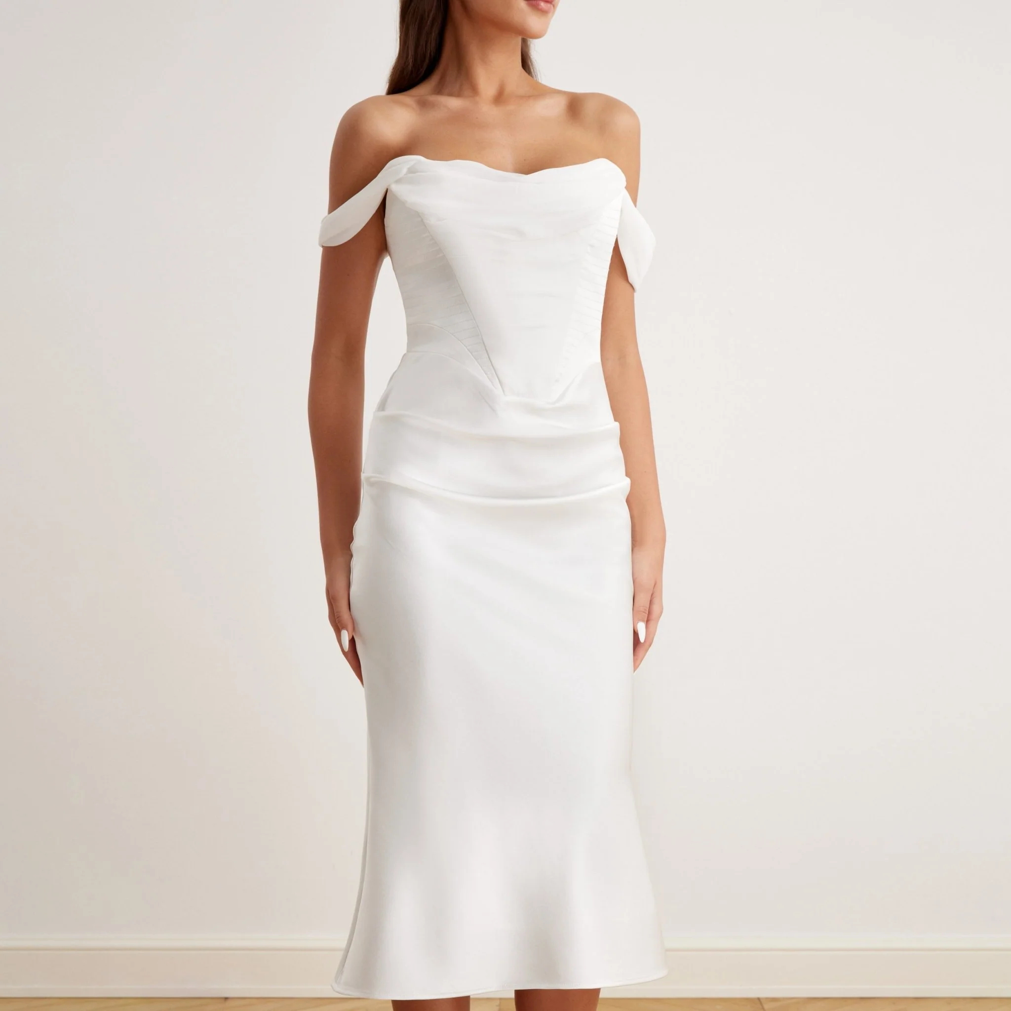 Satin Off-Shoulder Corset Midi Dress - Image 3