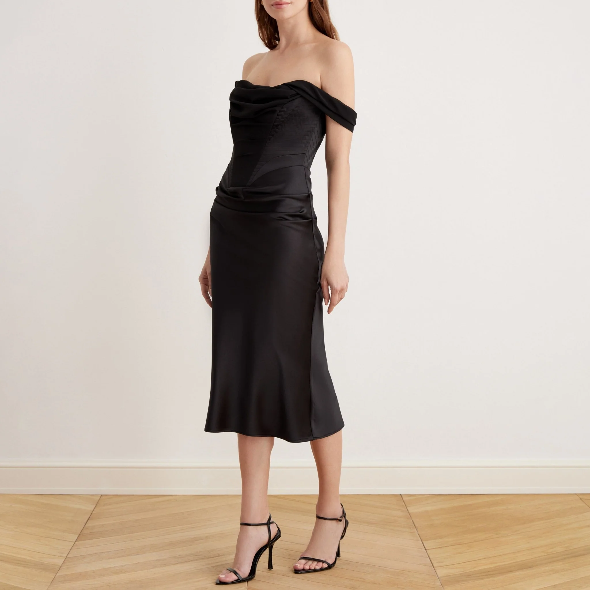 Satin Off-Shoulder Corset Midi Dress - Image 7