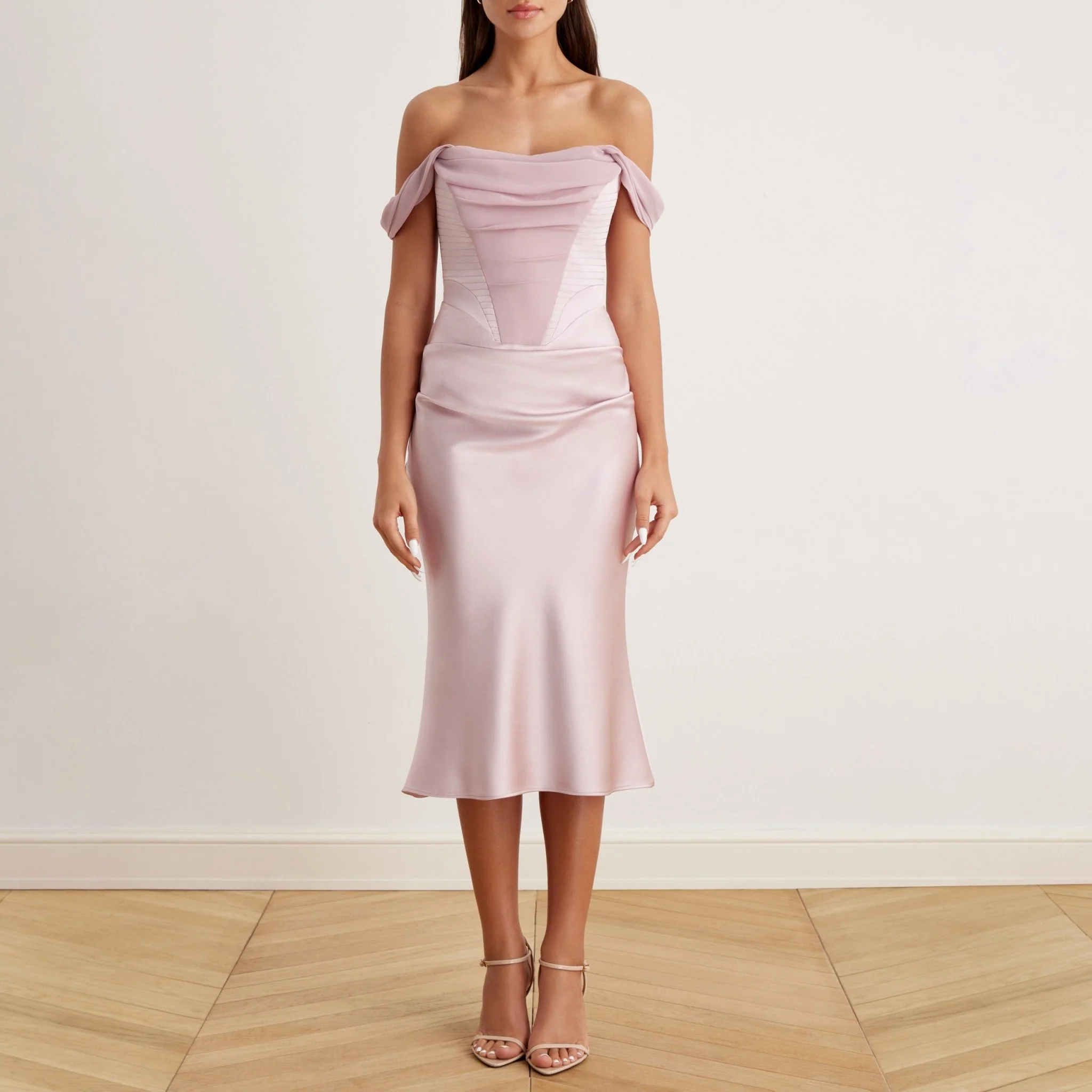Satin Off-Shoulder Corset Midi Dress - Image 9