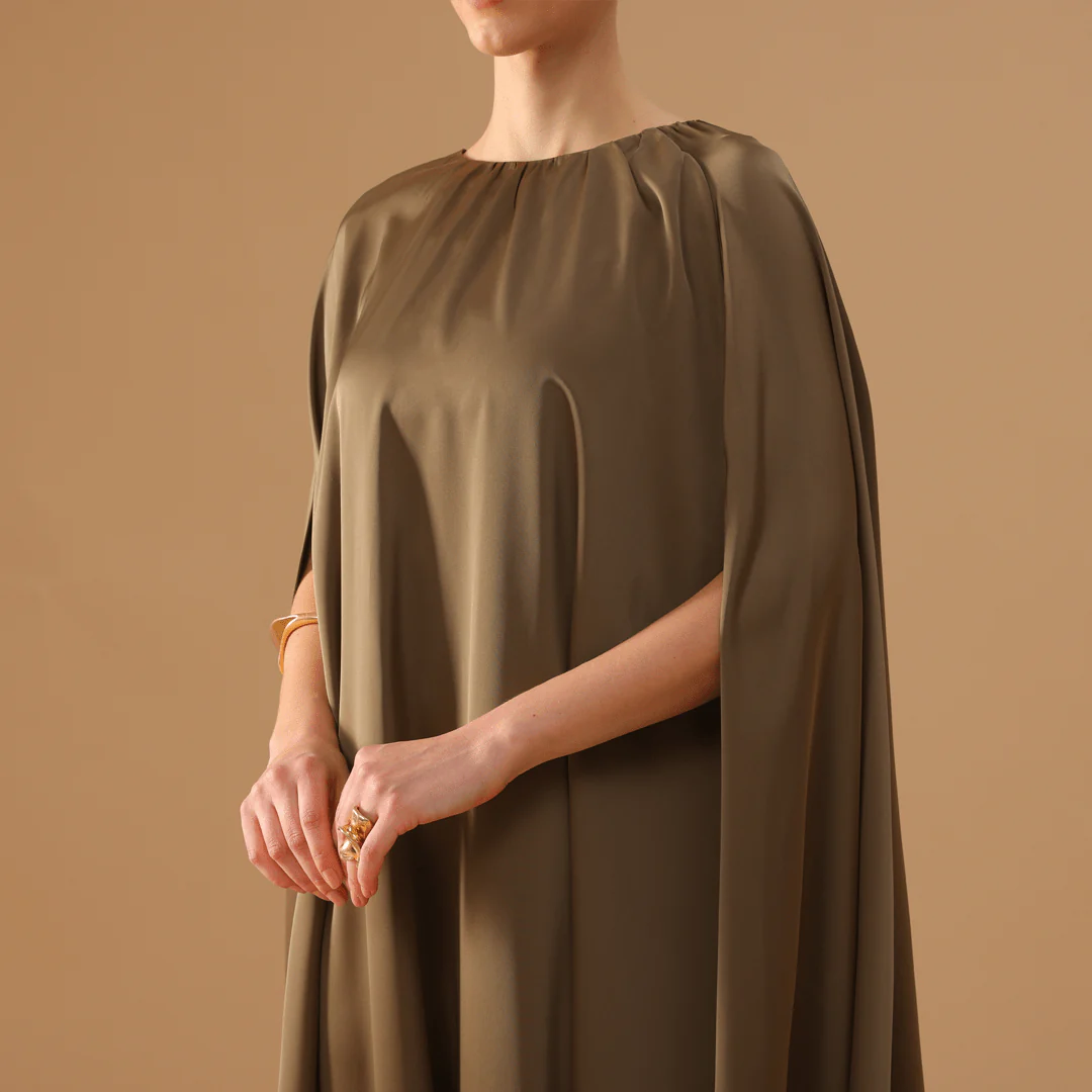 Olive Green Satin Pleated Cap Cut Kaftan - Image 3