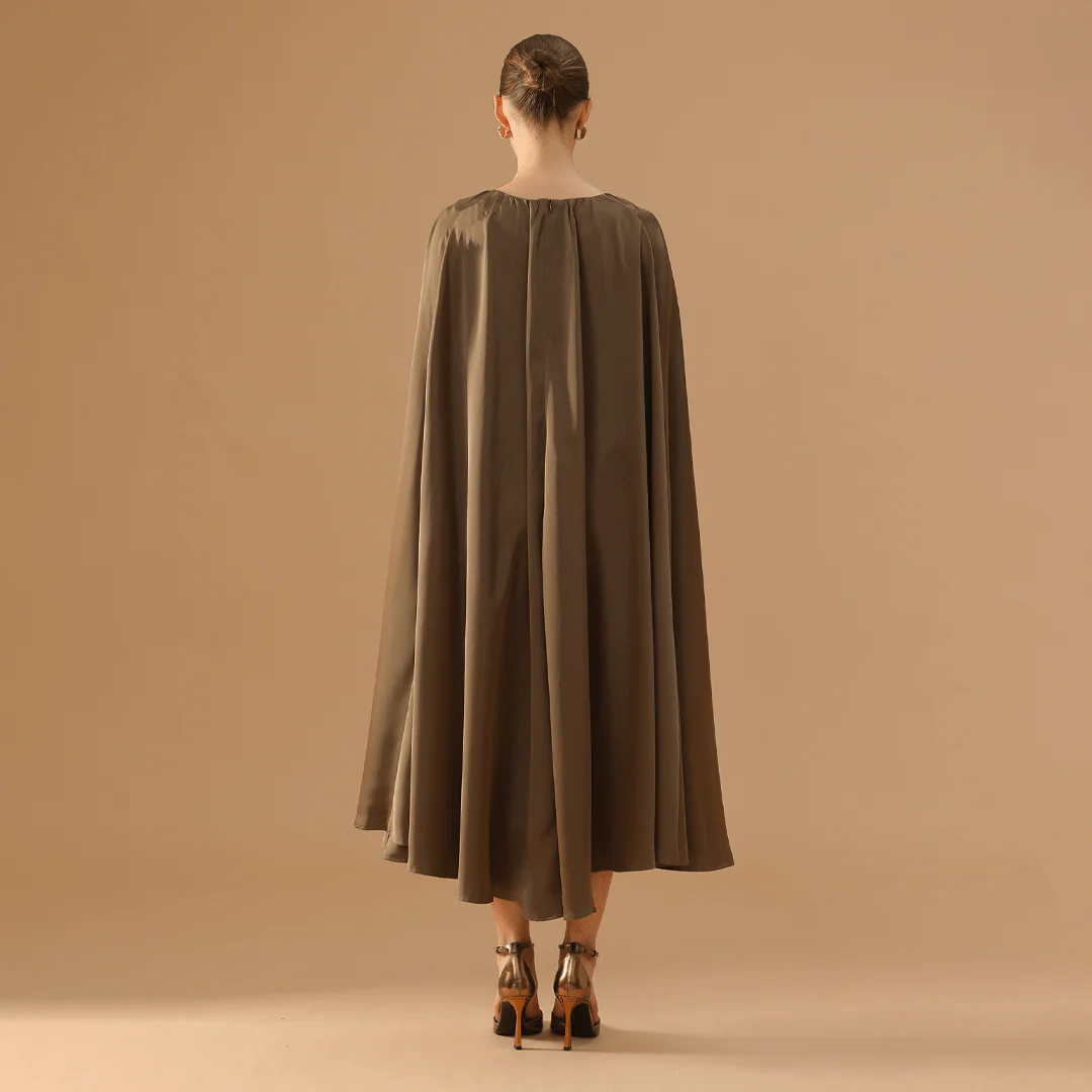 Olive Green Satin Pleated Cap Cut Kaftan - Image 4