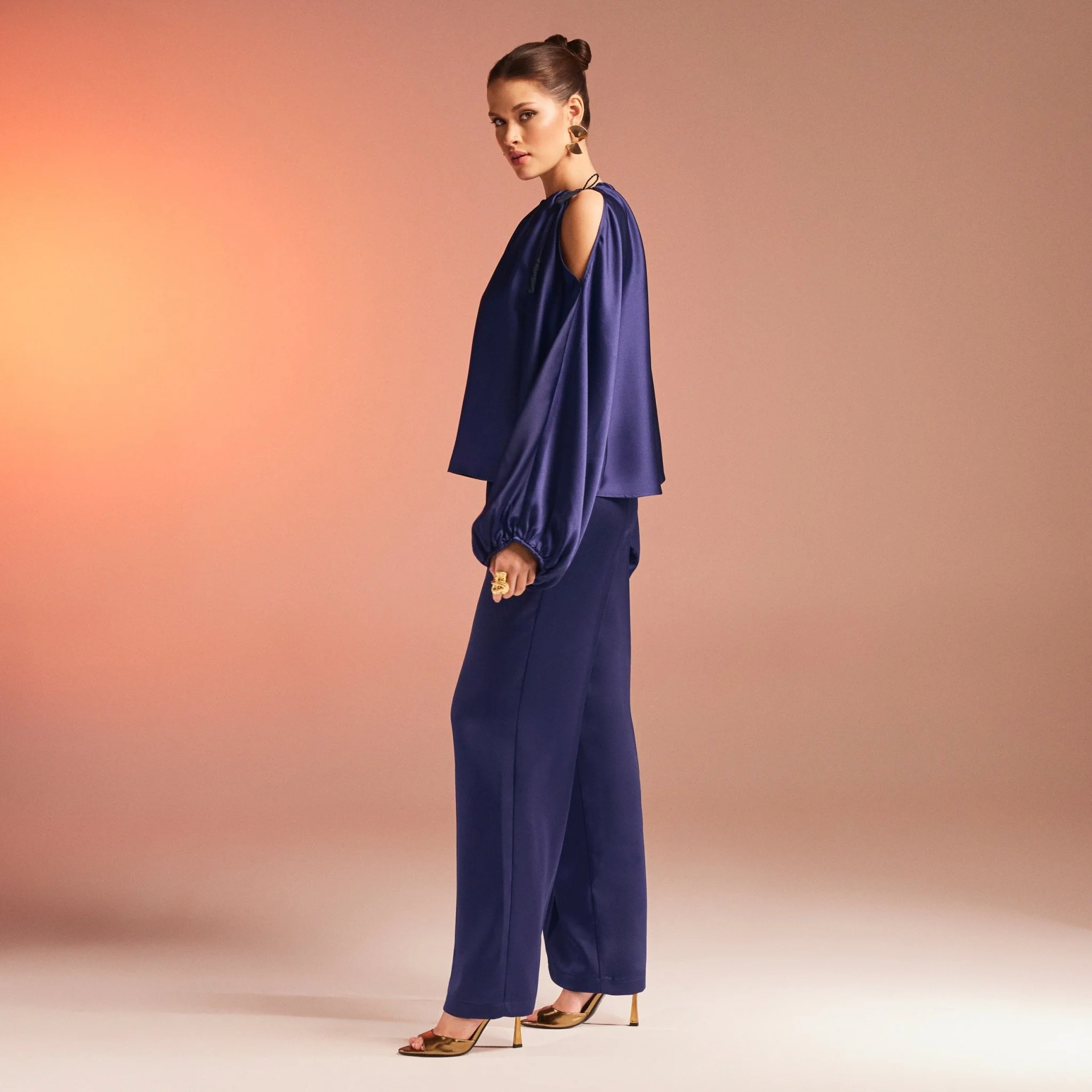 Dark Blue Satin Wide Leg Trouser - Image 4