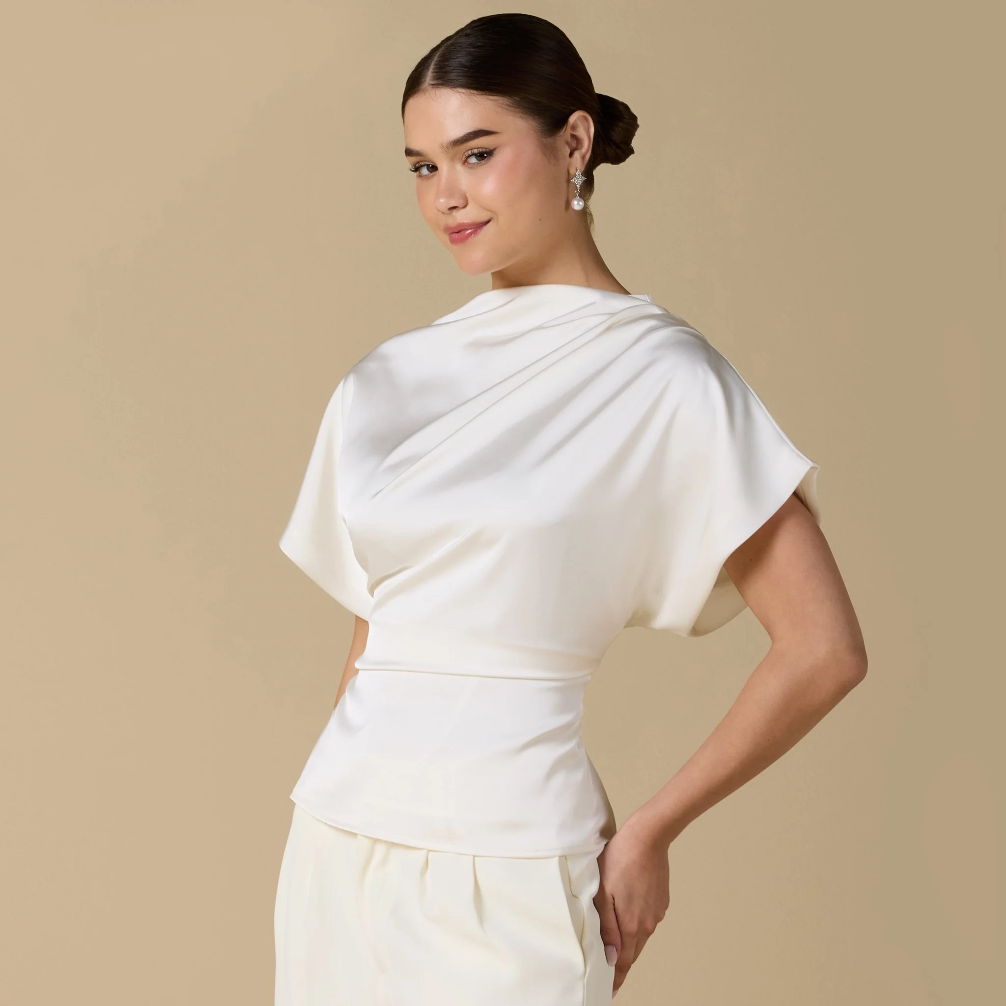 Short Sleeve Dropped Satin Top - Image 3