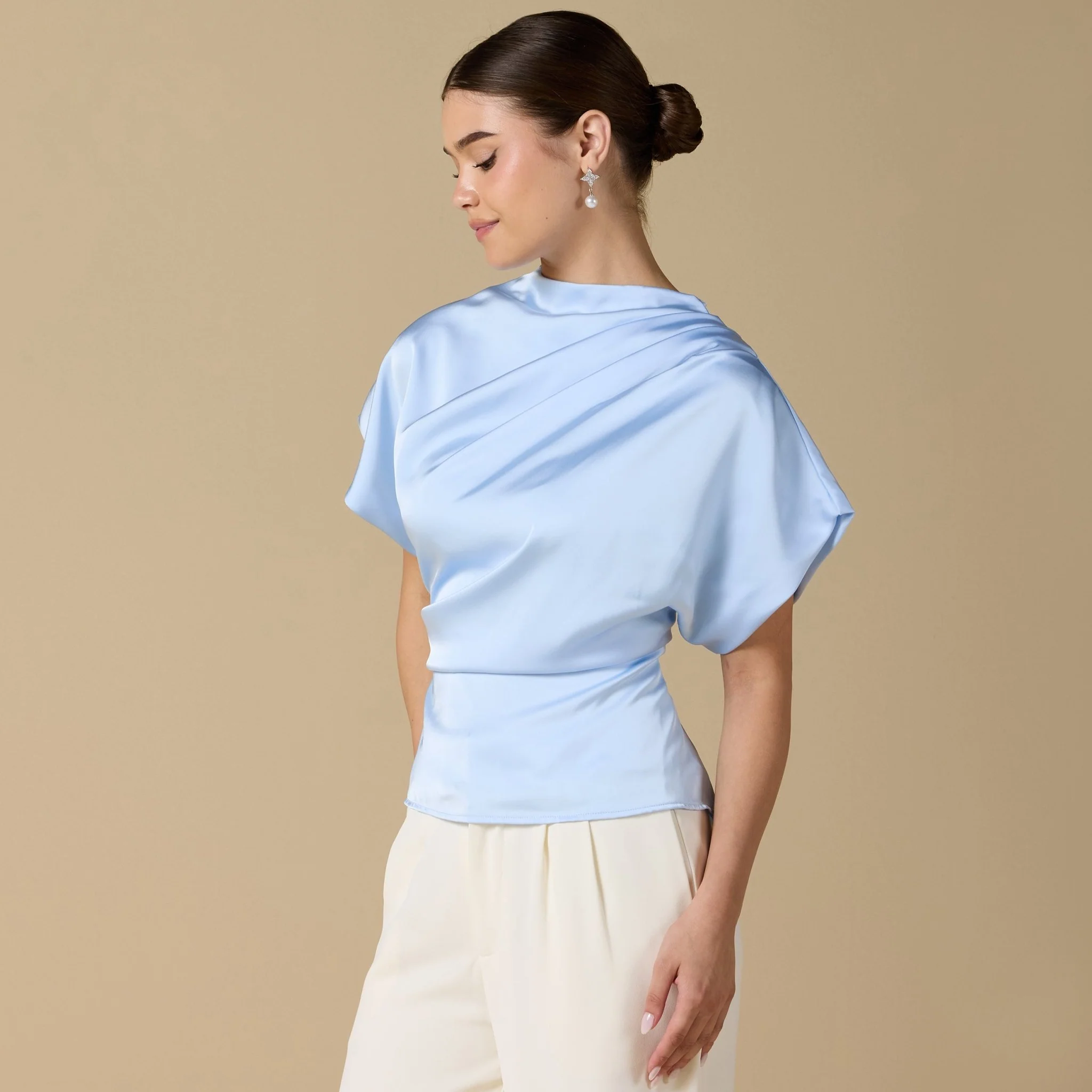 Short Sleeve Dropped Satin Top - Image 6