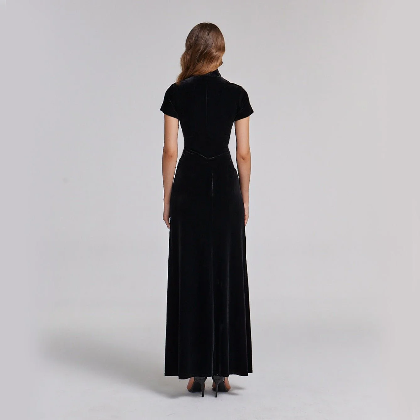 Black Short Sleeve Velvet Maxi Dress - Image 3
