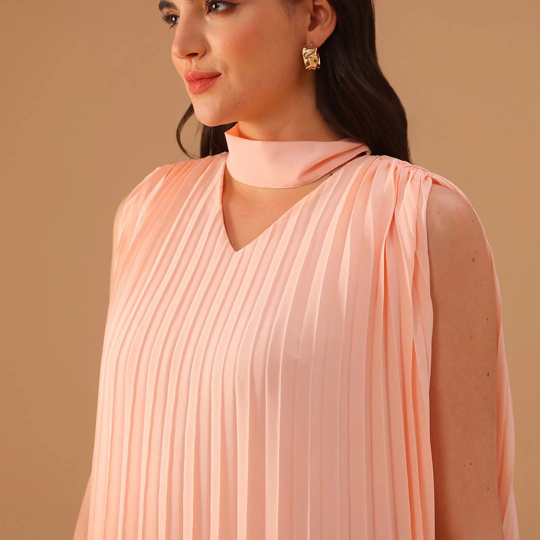 Pink Sleeveless Chiffon Pleated Dress - Image 4