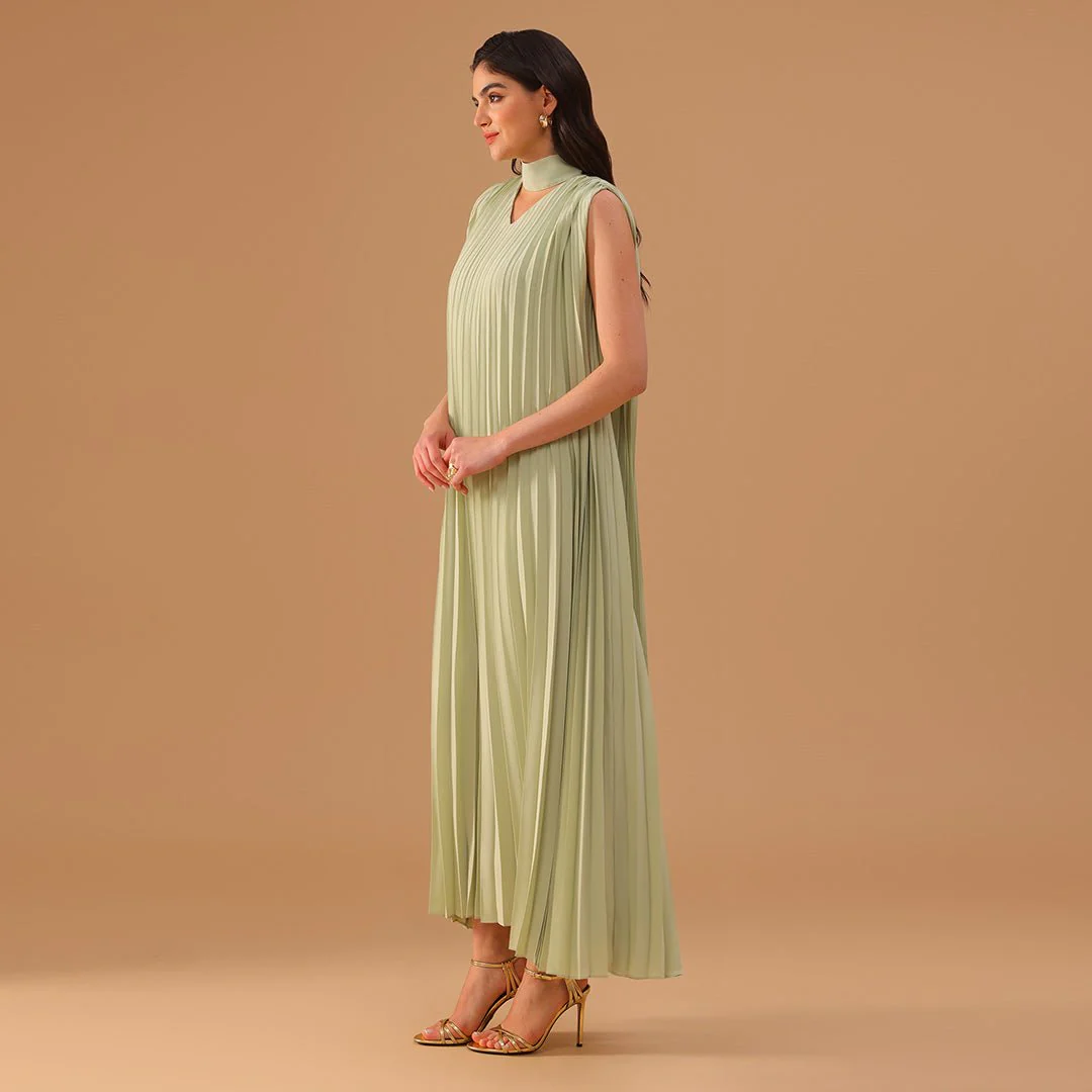Mint Green Sleeveless Chiffon Pleated Dress - Image 3