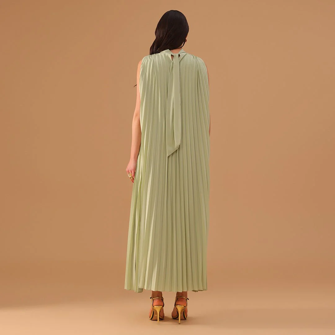 Mint Green Sleeveless Chiffon Pleated Dress - Image 5