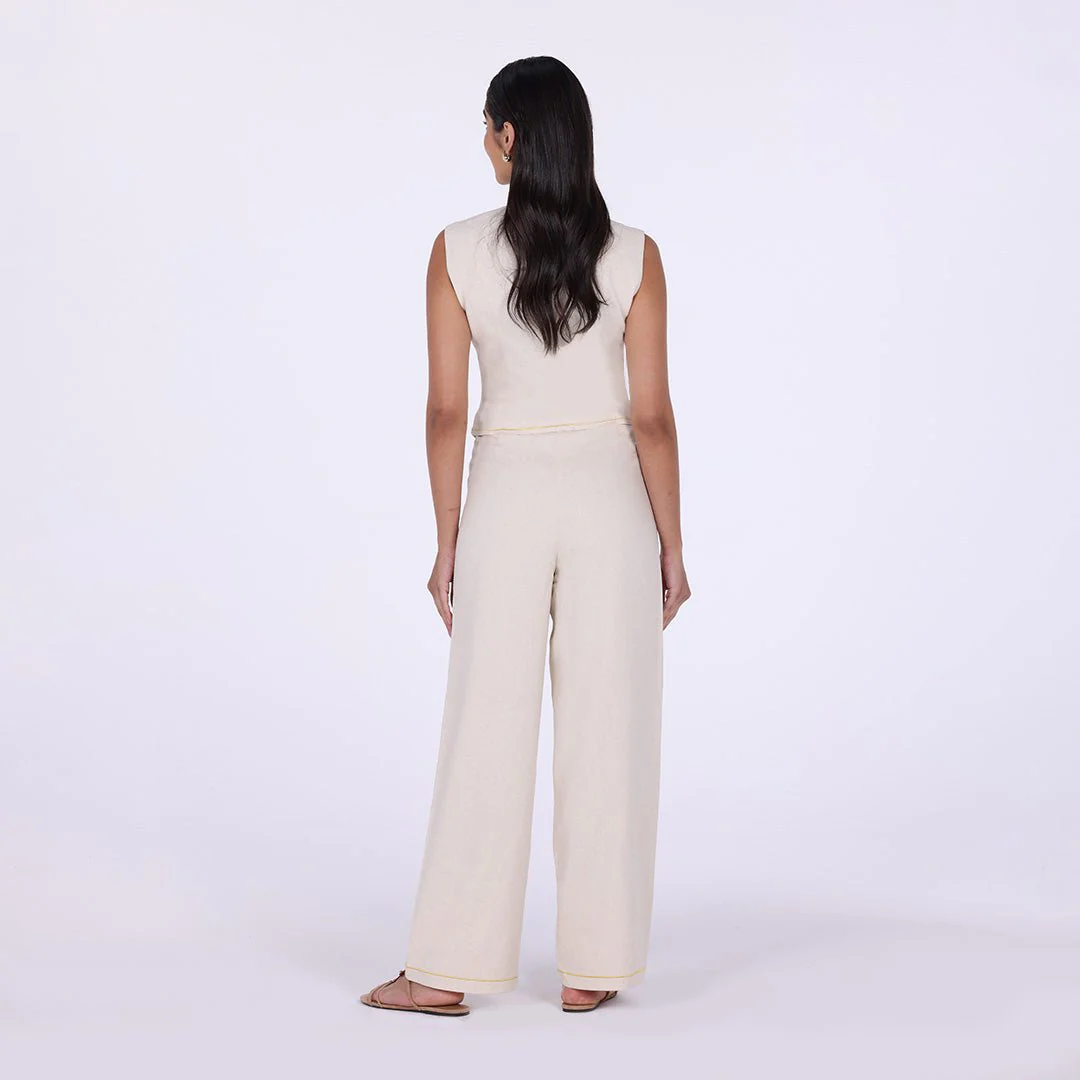 Beige Sleeveless Embroidered Linen V-Neck Vest - Image 4