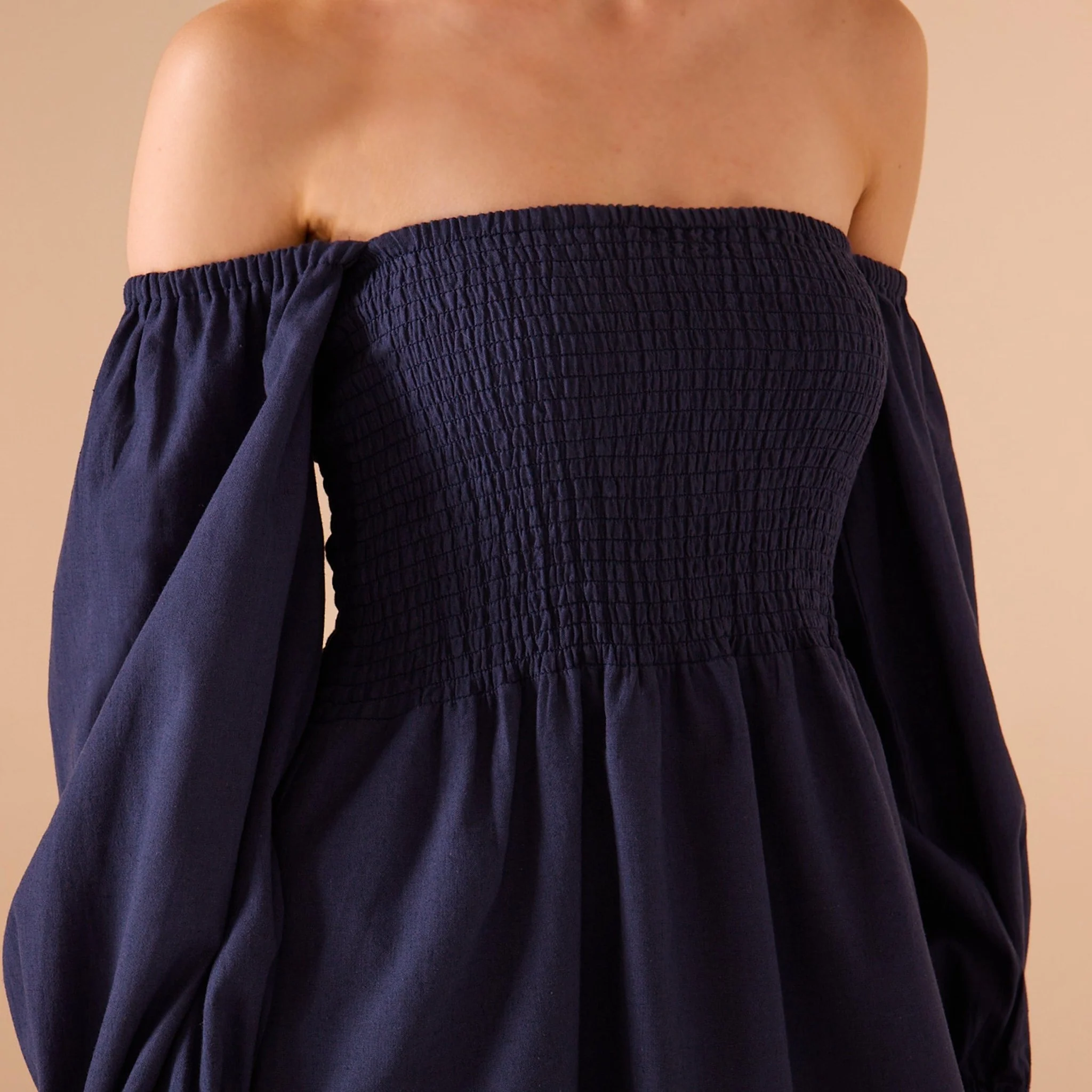 Smocked-Bodice Poet-Sleeve Midi Dress in Linen Cotton Blend - Image 10