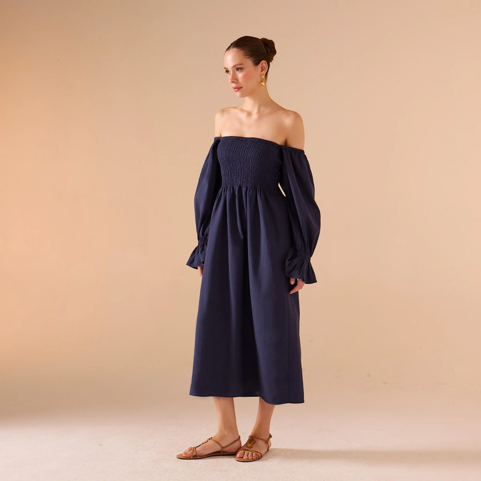 Smocked-Bodice Poet-Sleeve Midi Dress in Linen Cotton Blend - Image 11