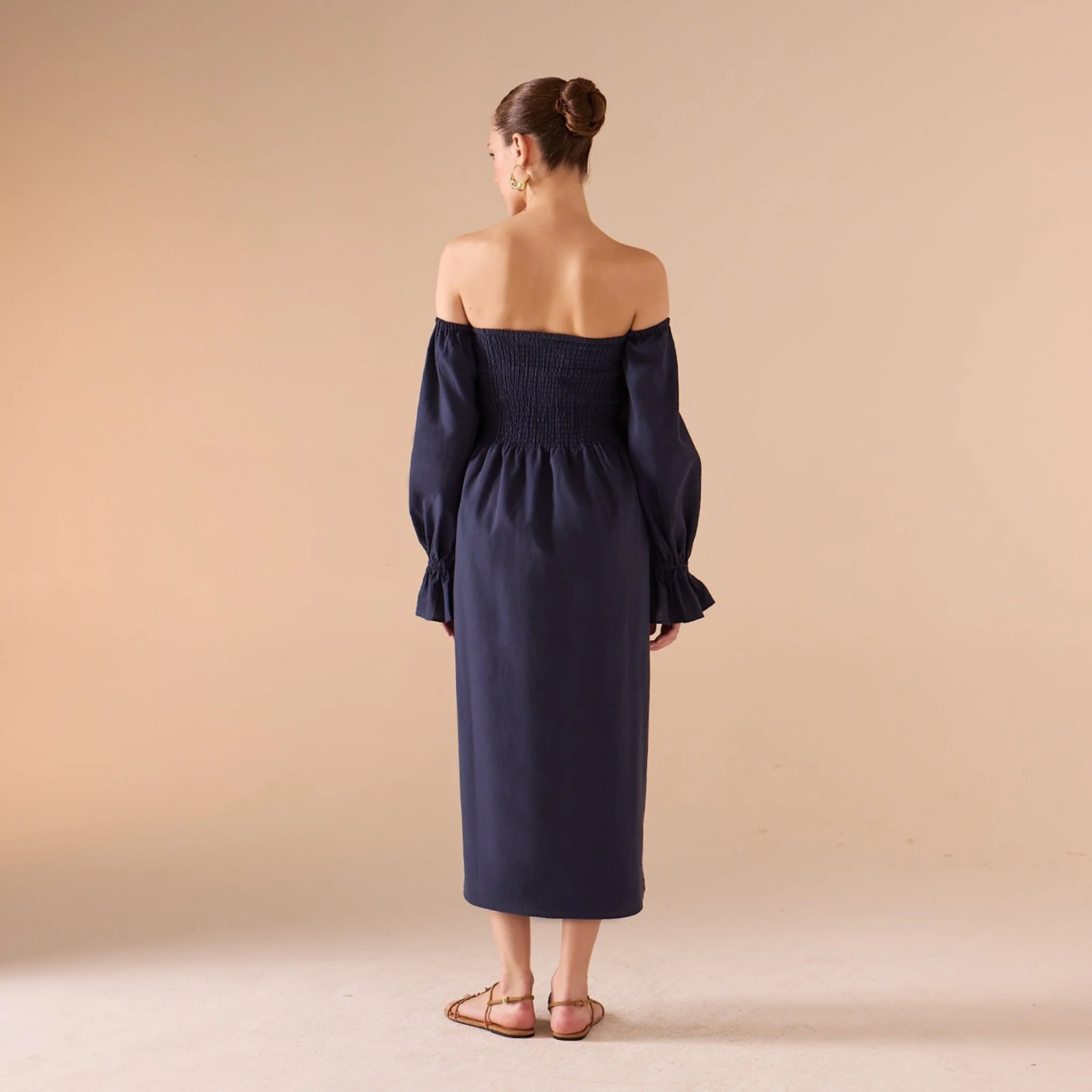 Smocked-Bodice Poet-Sleeve Midi Dress in Linen Cotton Blend - Image 12