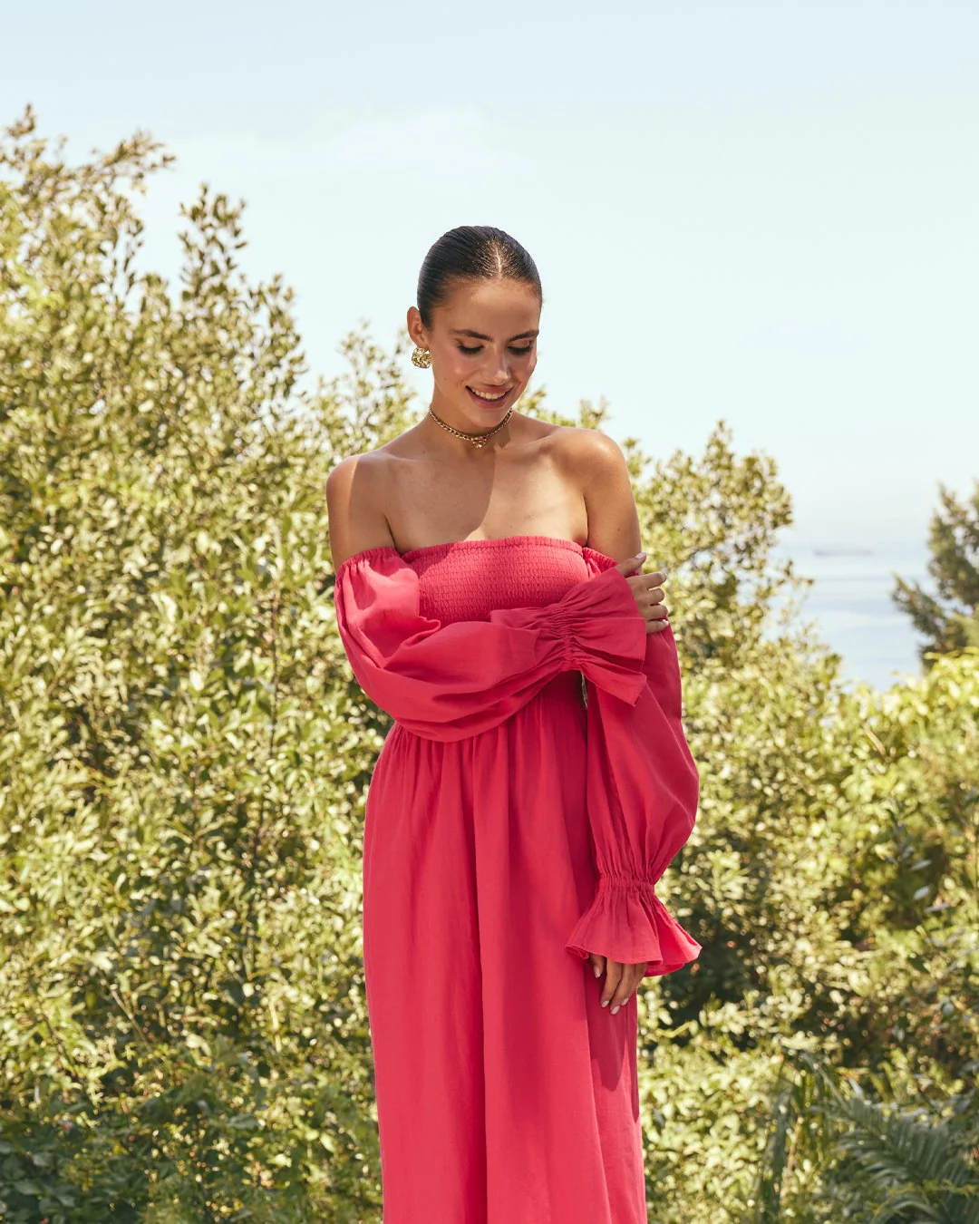 Smocked-Bodice Poet-Sleeve Midi Dress in Linen Cotton Blend - Image 13