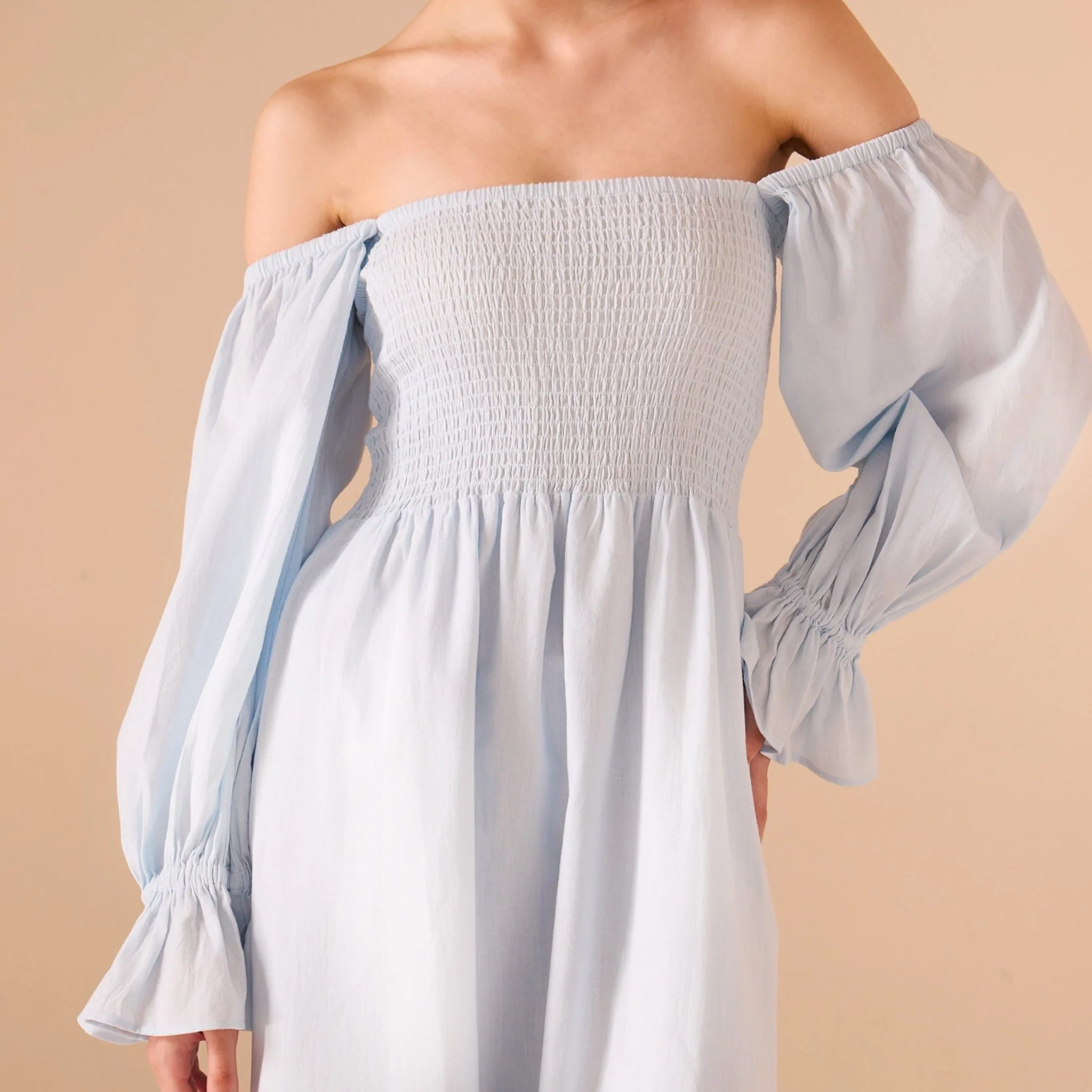Smocked-Bodice Poet-Sleeve Midi Dress in Linen Cotton Blend - Image 3