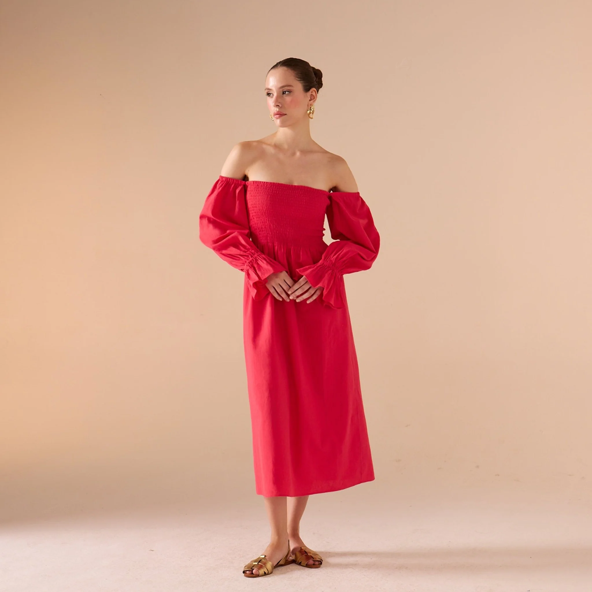 Smocked-Bodice Poet-Sleeve Midi Dress in Linen Cotton Blend - Image 5