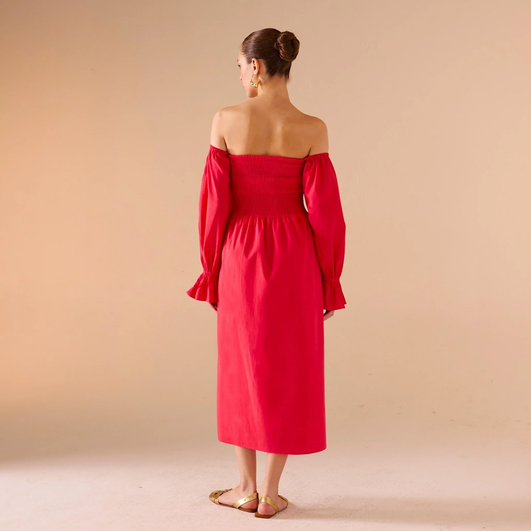 Smocked-Bodice Poet-Sleeve Midi Dress in Linen Cotton Blend - Image 6