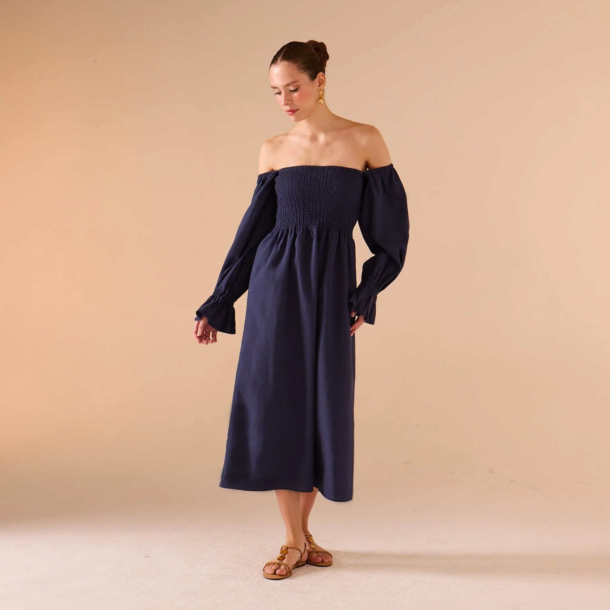 Smocked-Bodice Poet-Sleeve Midi Dress in Linen Cotton Blend - Image 9