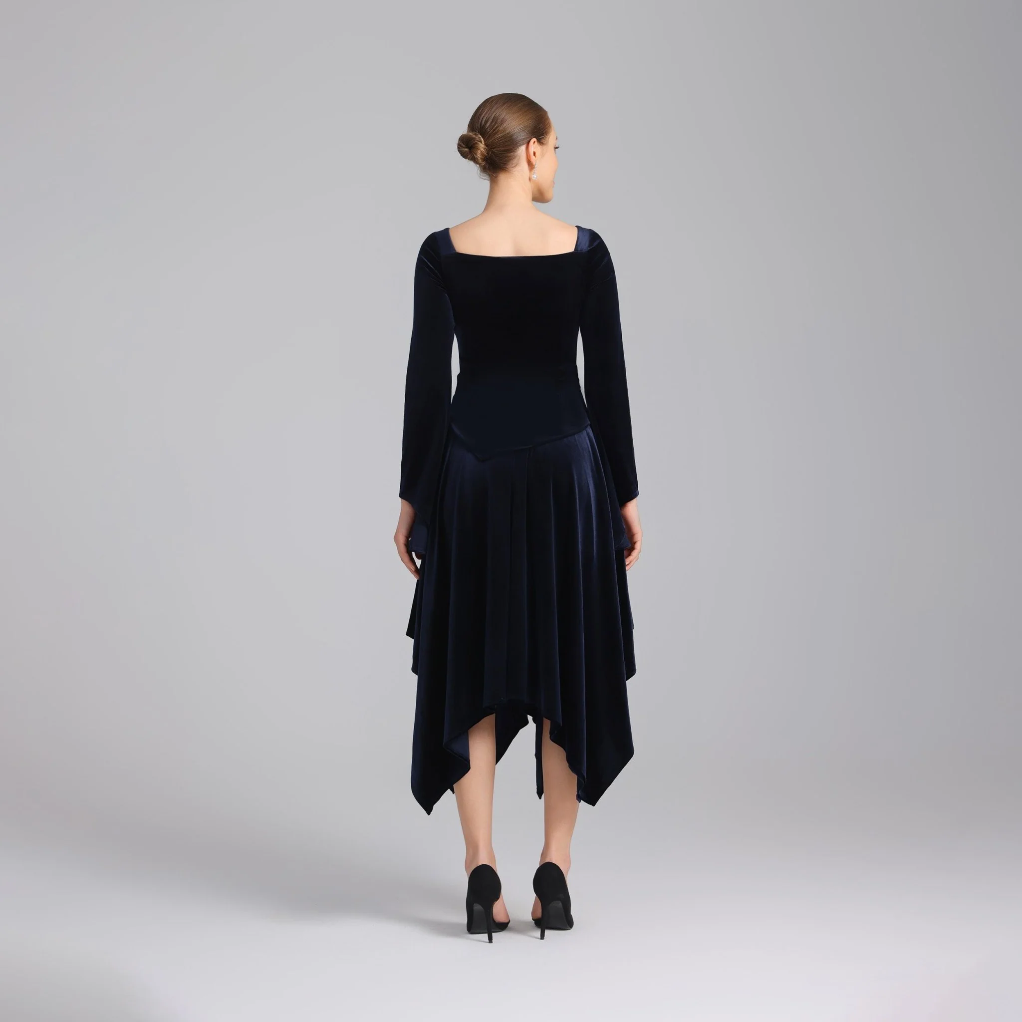 Navy Square Neck Long Sleeve Velvet Dress - Image 3
