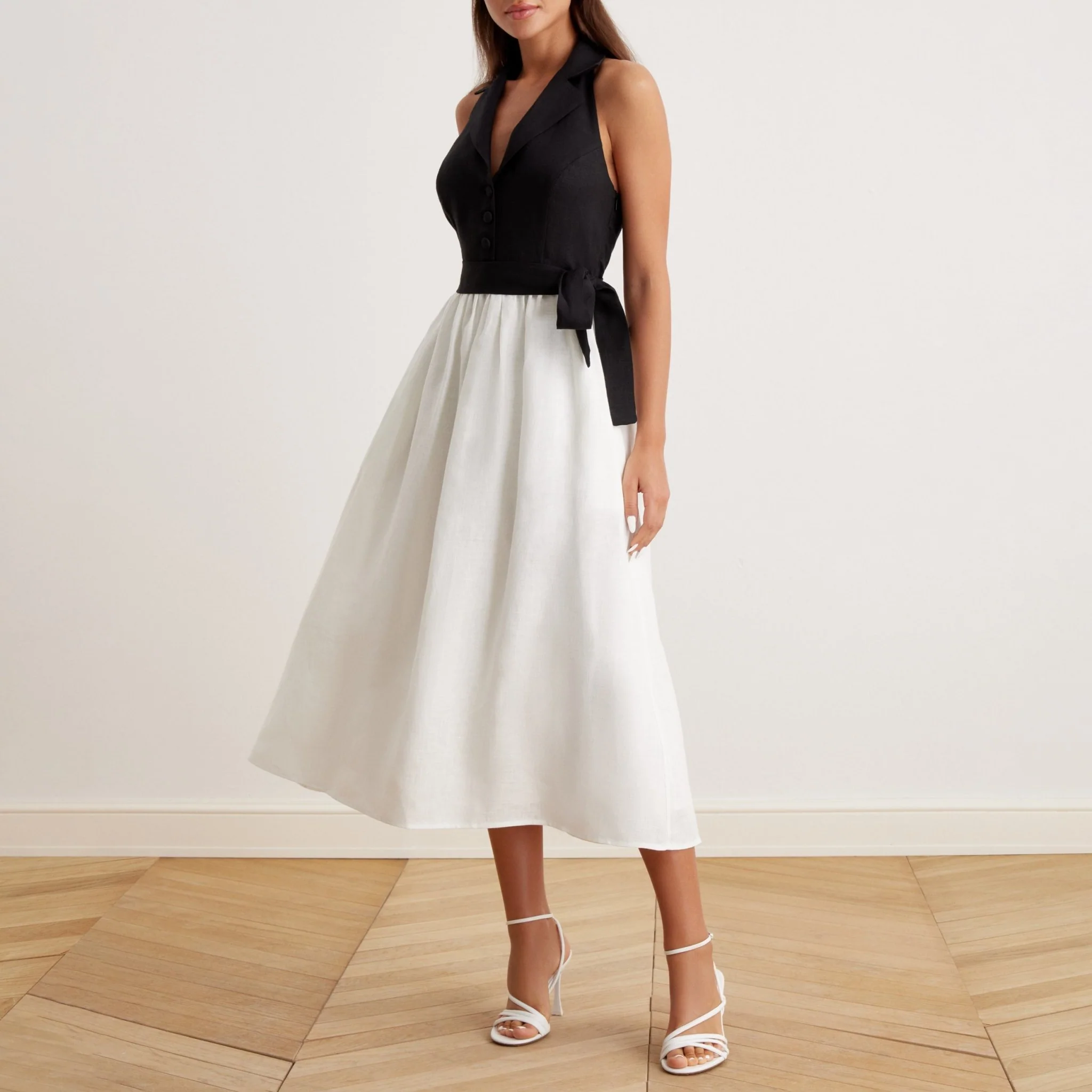 Tie Waist Halter Neck Midi Dress in Linen - Image 3