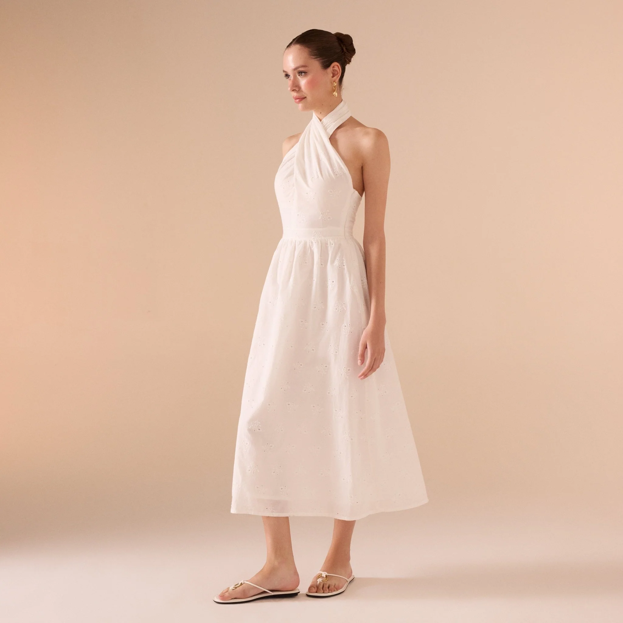 Twist Tie Embroidered Midi Dress in Cotton - Image 3