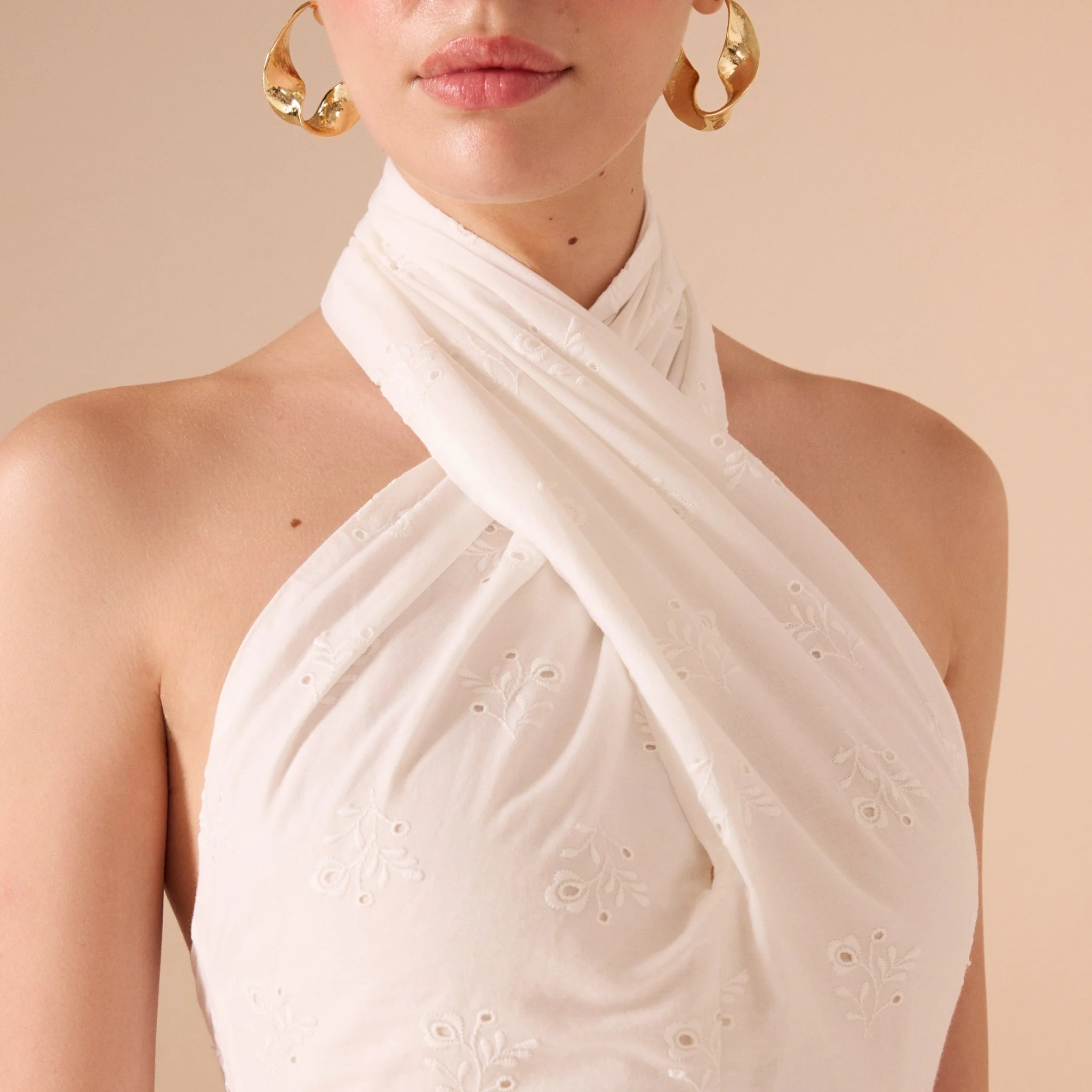 Twist Tie Embroidered Midi Dress in Cotton - Image 4