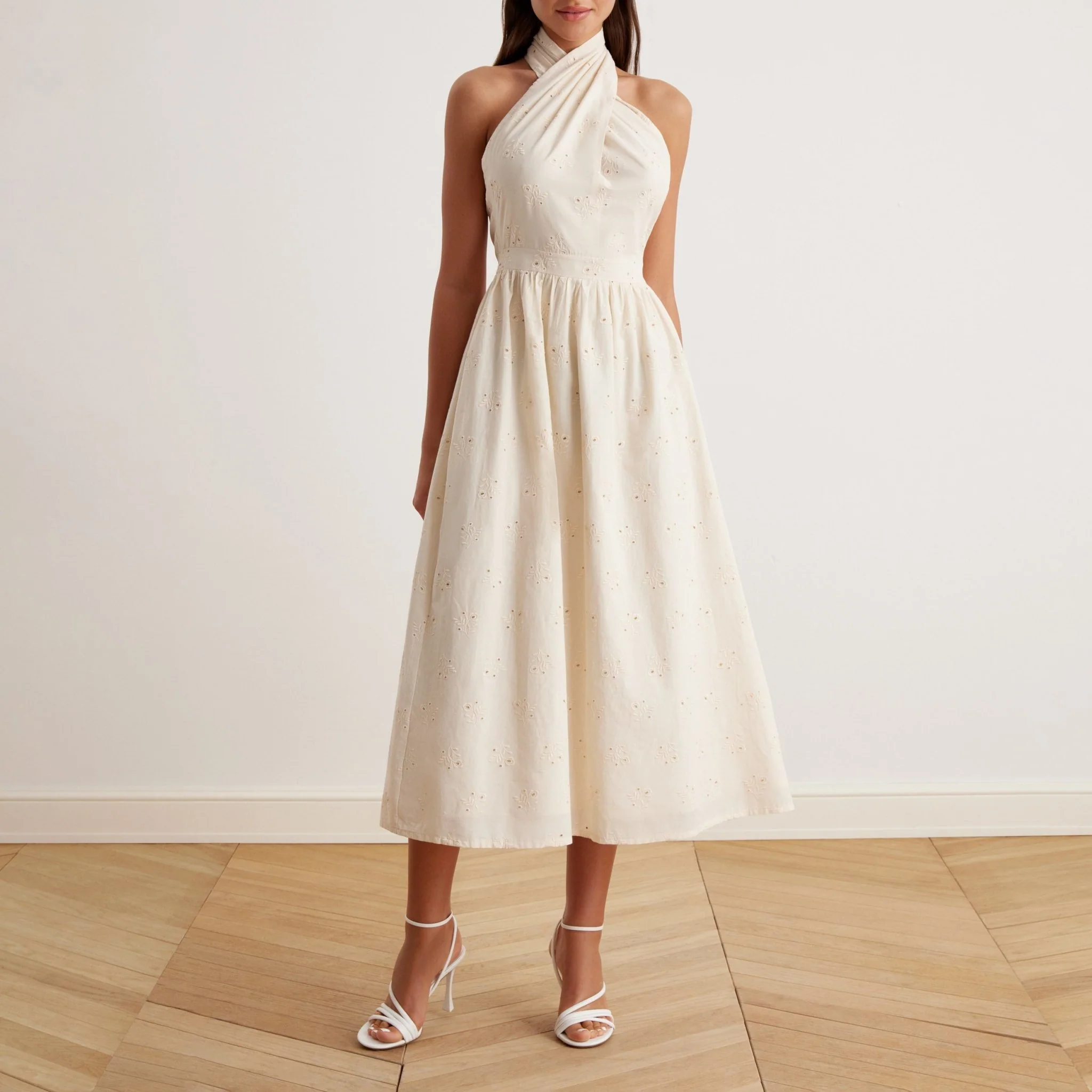 Twist Tie Embroidered Midi Dress in Cotton - Image 5