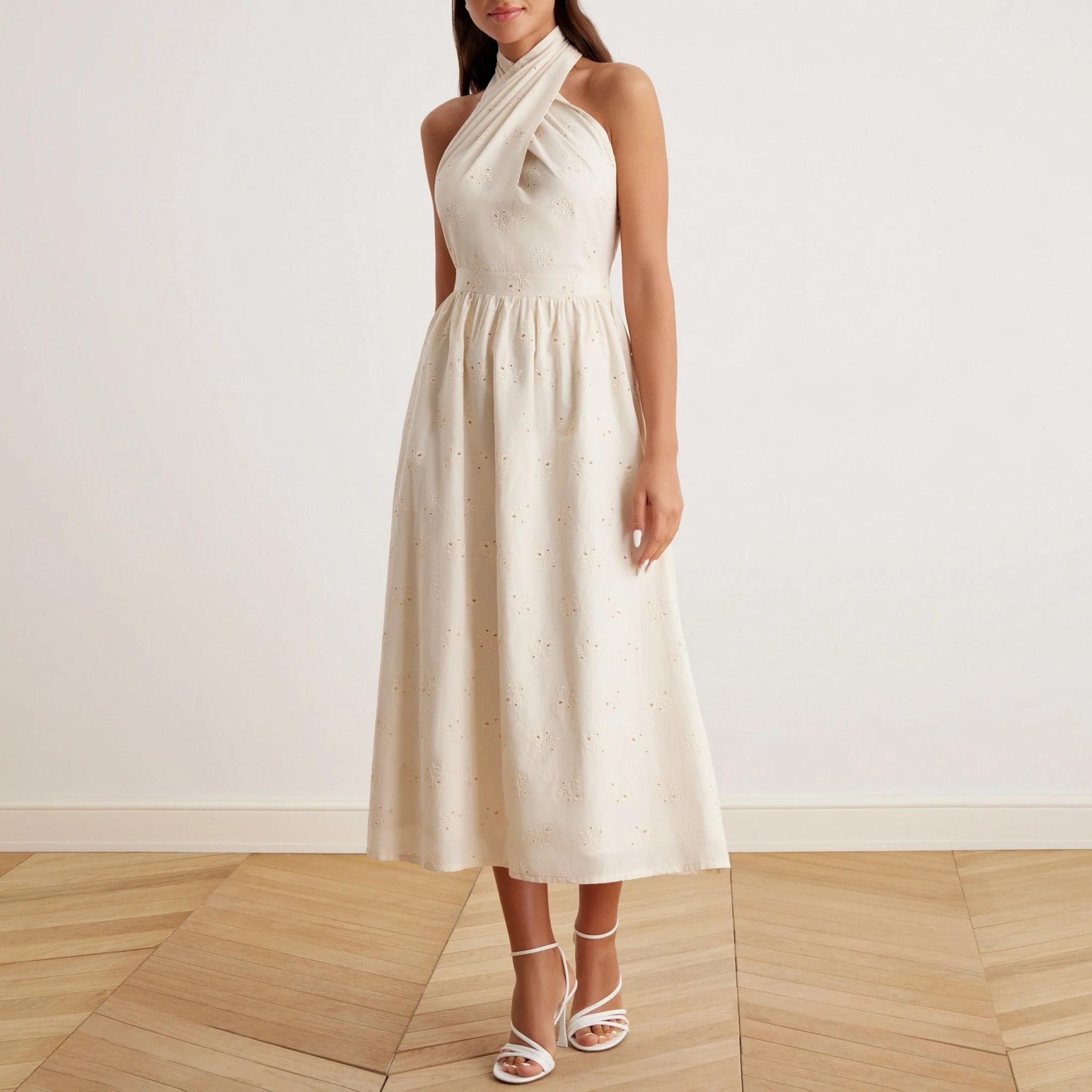 Twist Tie Embroidered Midi Dress in Cotton - Image 6