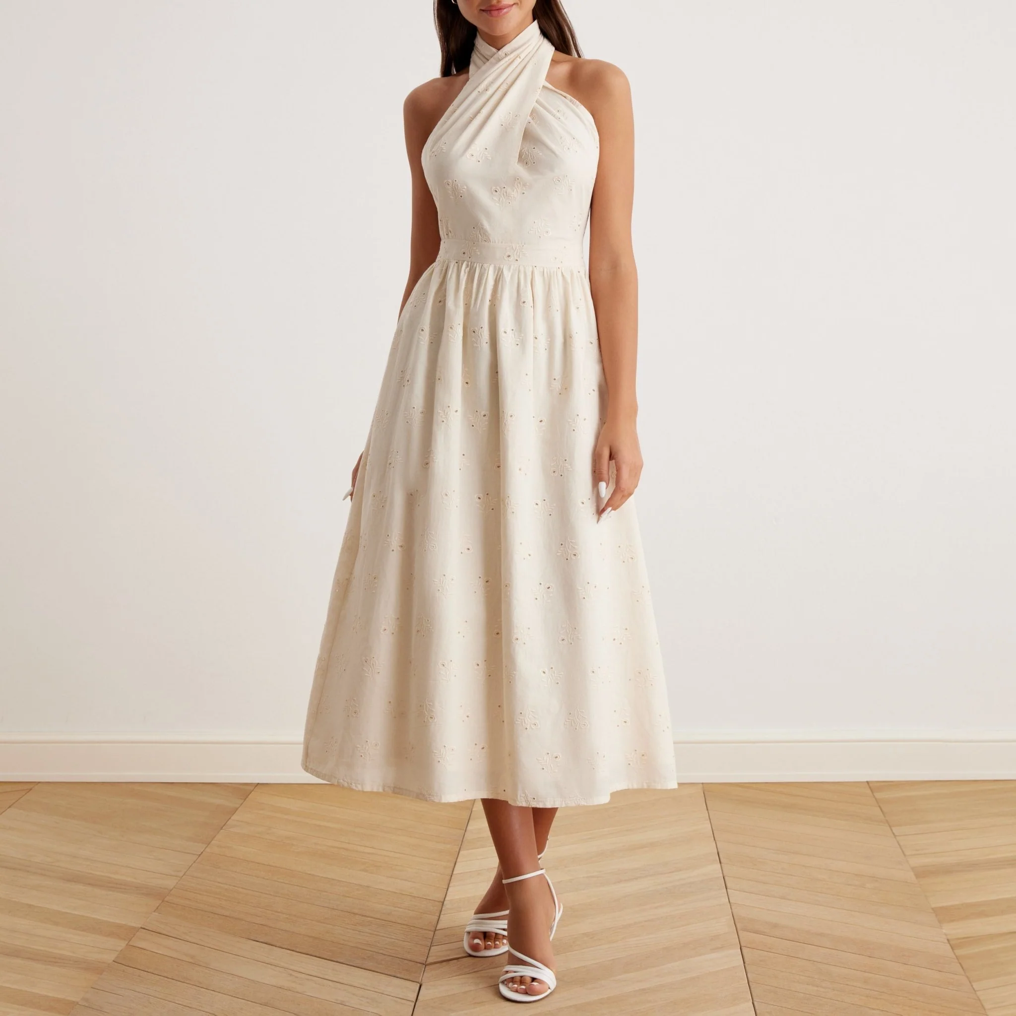 Twist Tie Embroidered Midi Dress in Cotton - Image 7