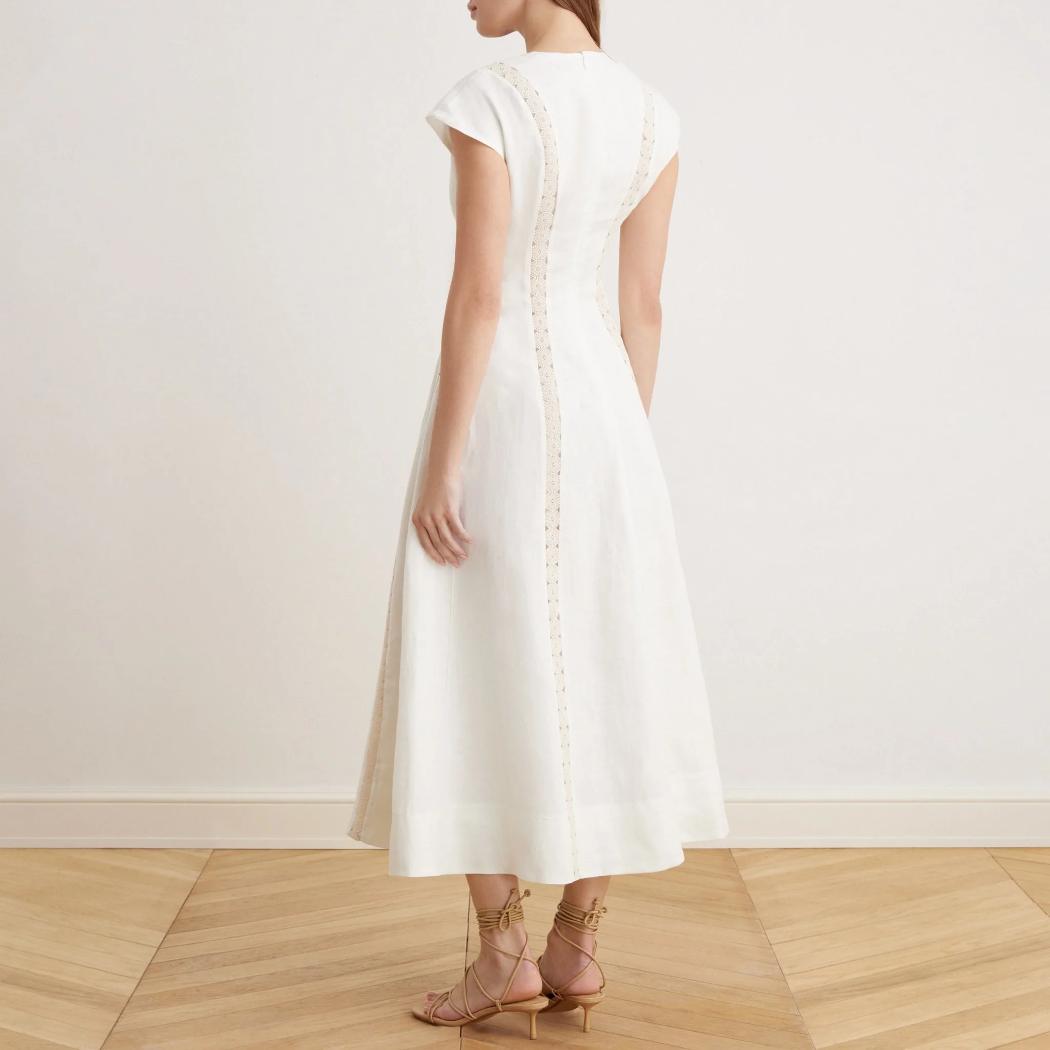 Off White V-neck Soft Cap Sleeve Flared Dress in Linen - Image 3