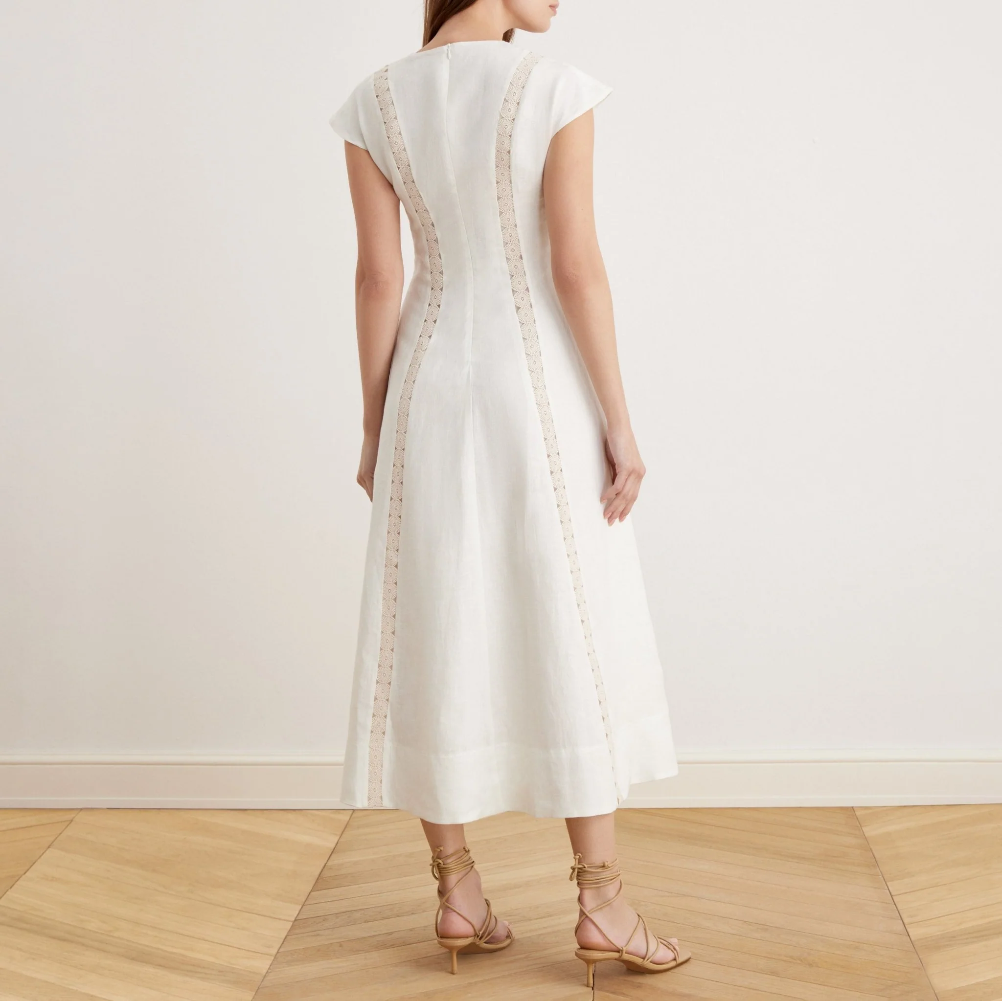 Off White V-neck Soft Cap Sleeve Flared Dress in Linen - Image 4