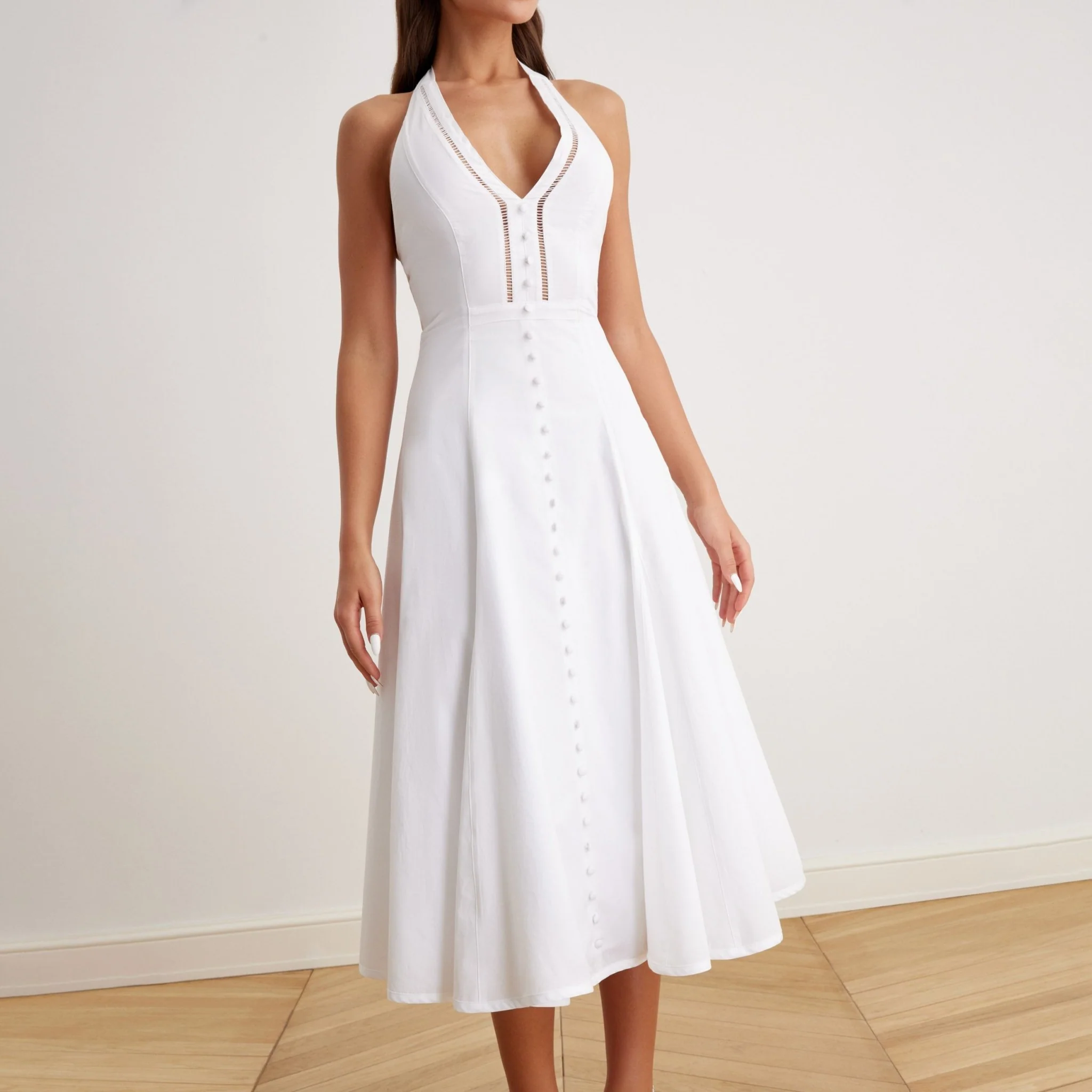V-Neck Tiered Bow Back Midi Dress in Cotton - Image 4