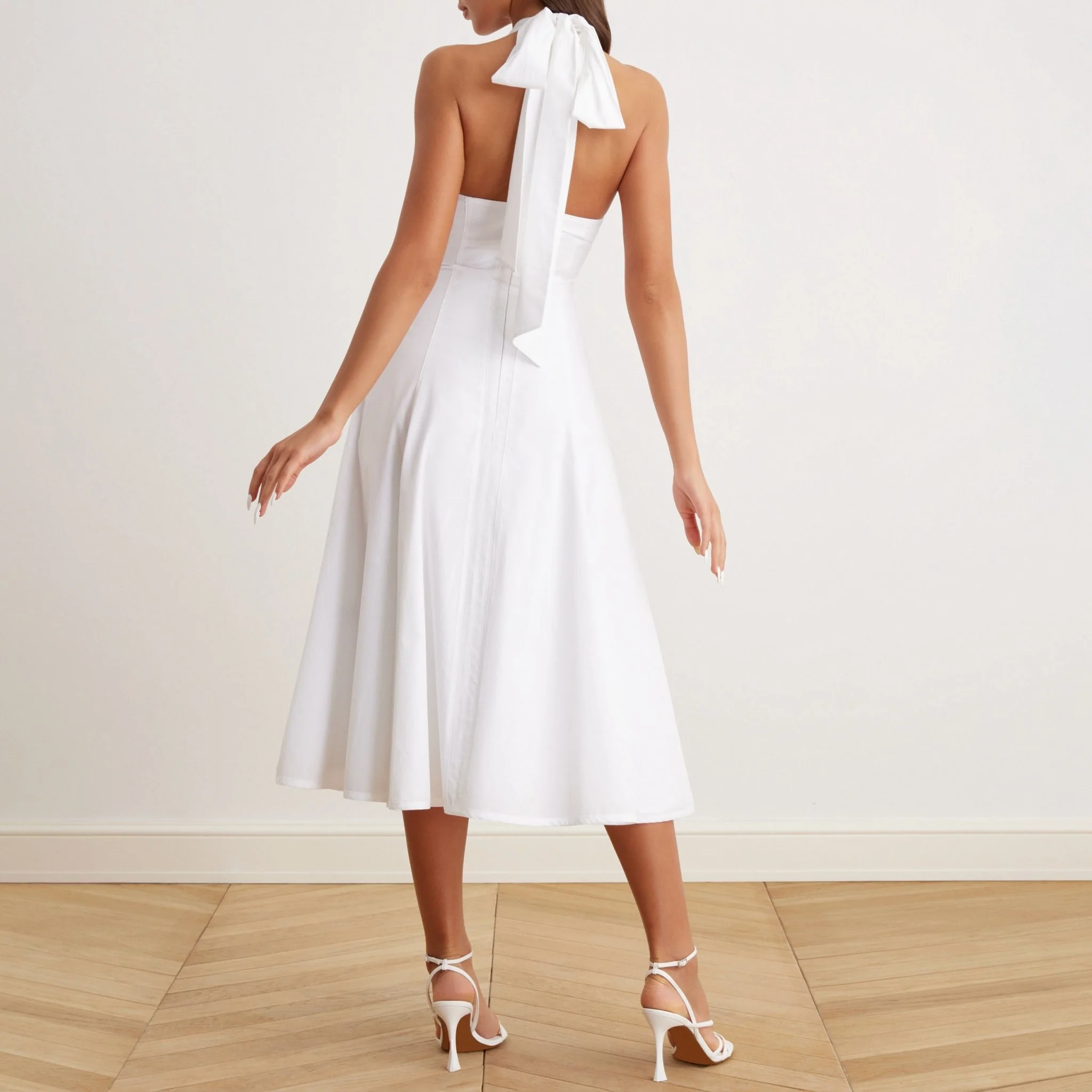 V-Neck Tiered Bow Back Midi Dress in Cotton - Image 5
