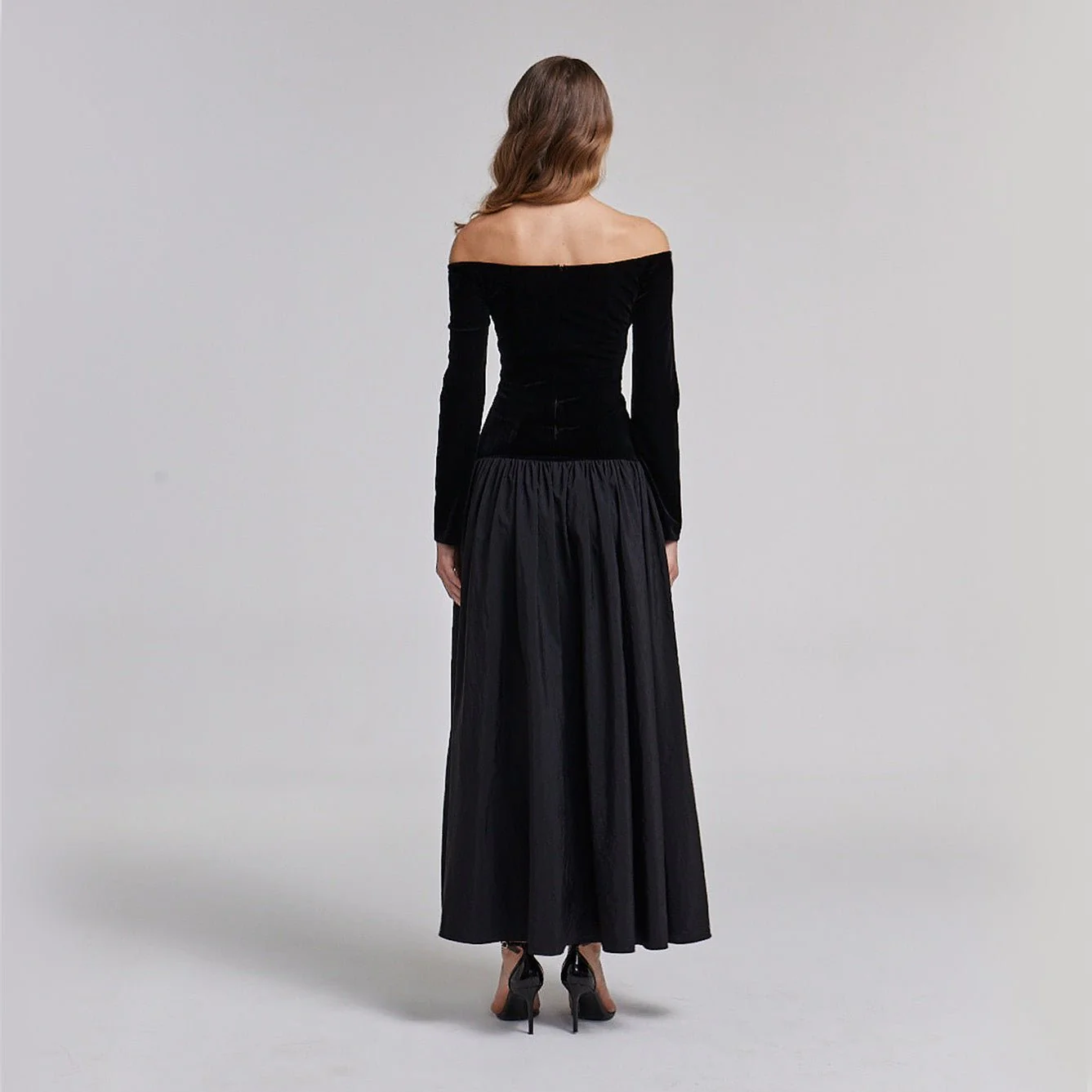 Black Velvet-Taffeta Off Shoulder A-line Dress - Image 4