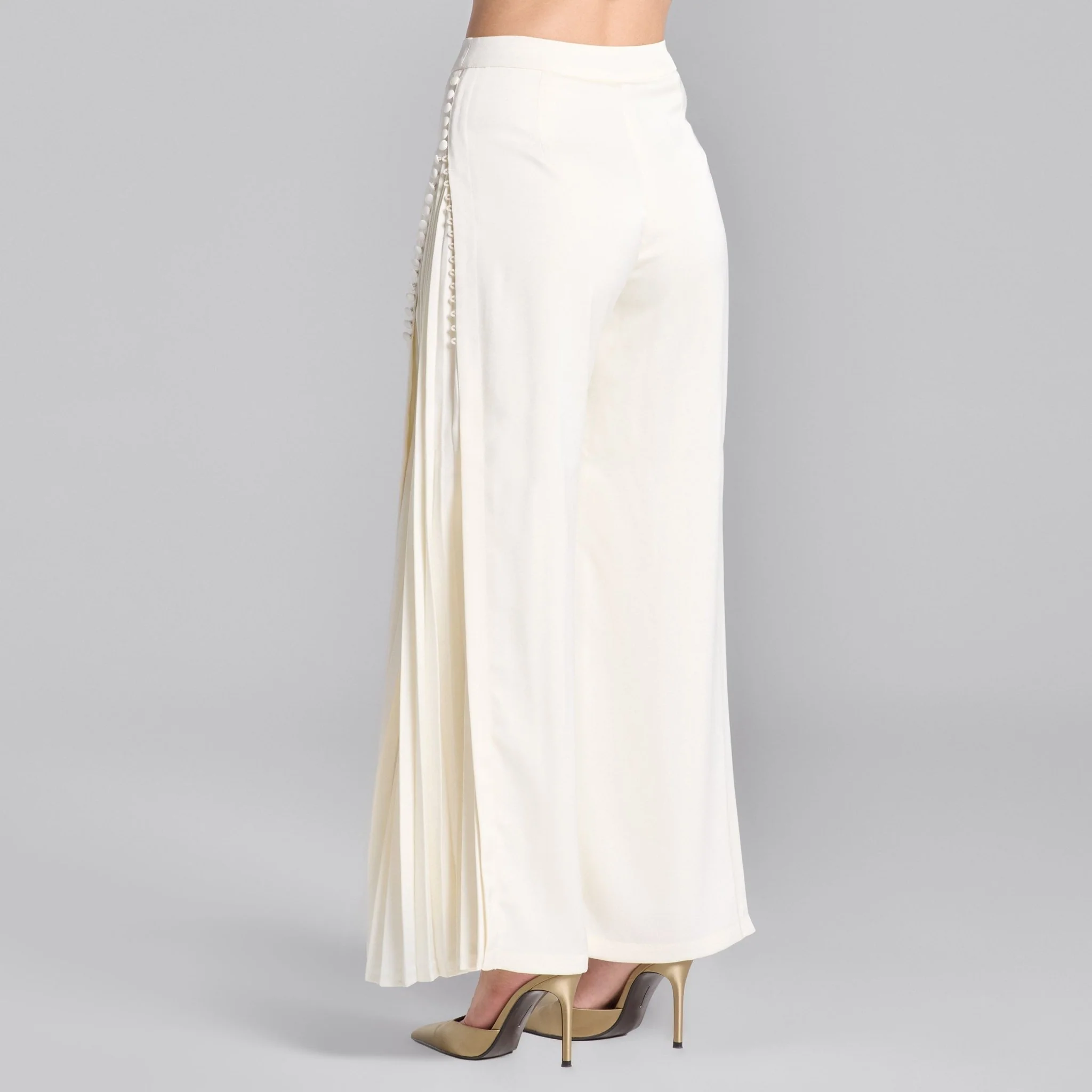 White Crepe Pants with Side Chiffon Godet - Image 4