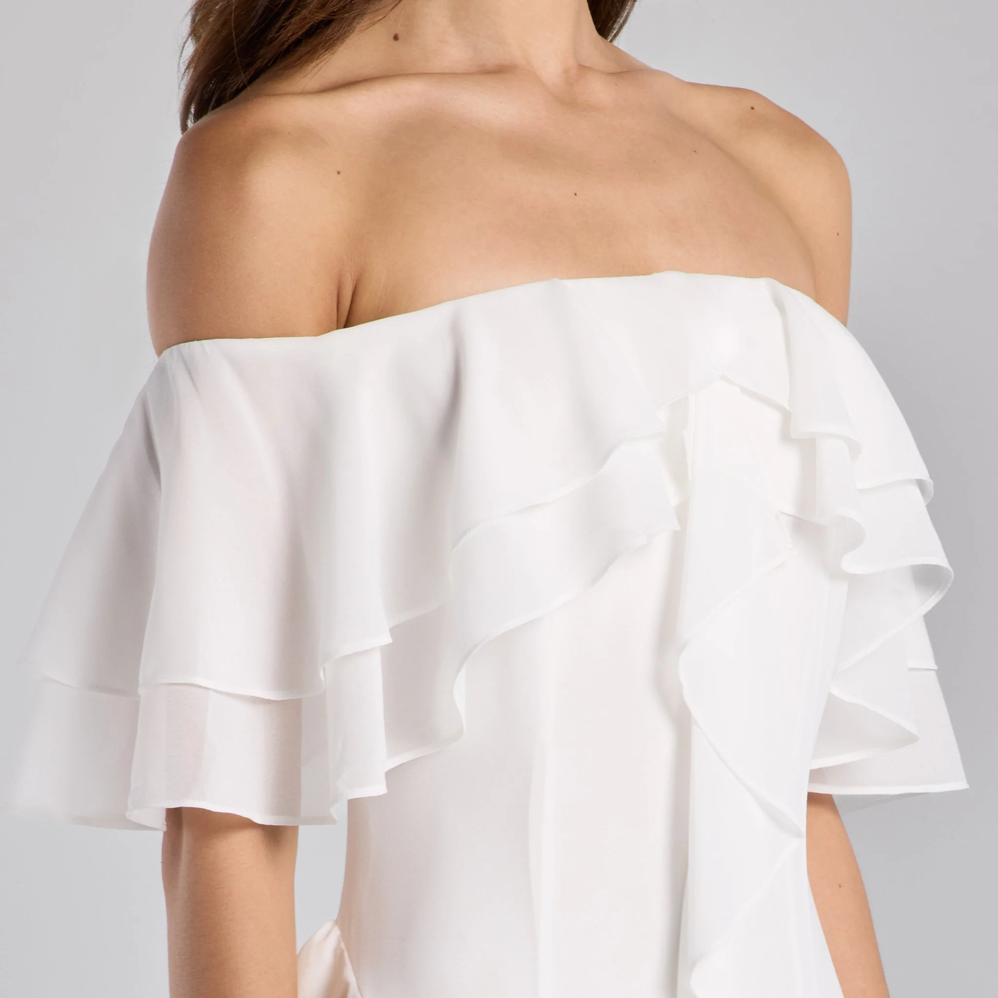 White Off Shoulder Chiffon Maxi Dress With Ruffles - Image 3