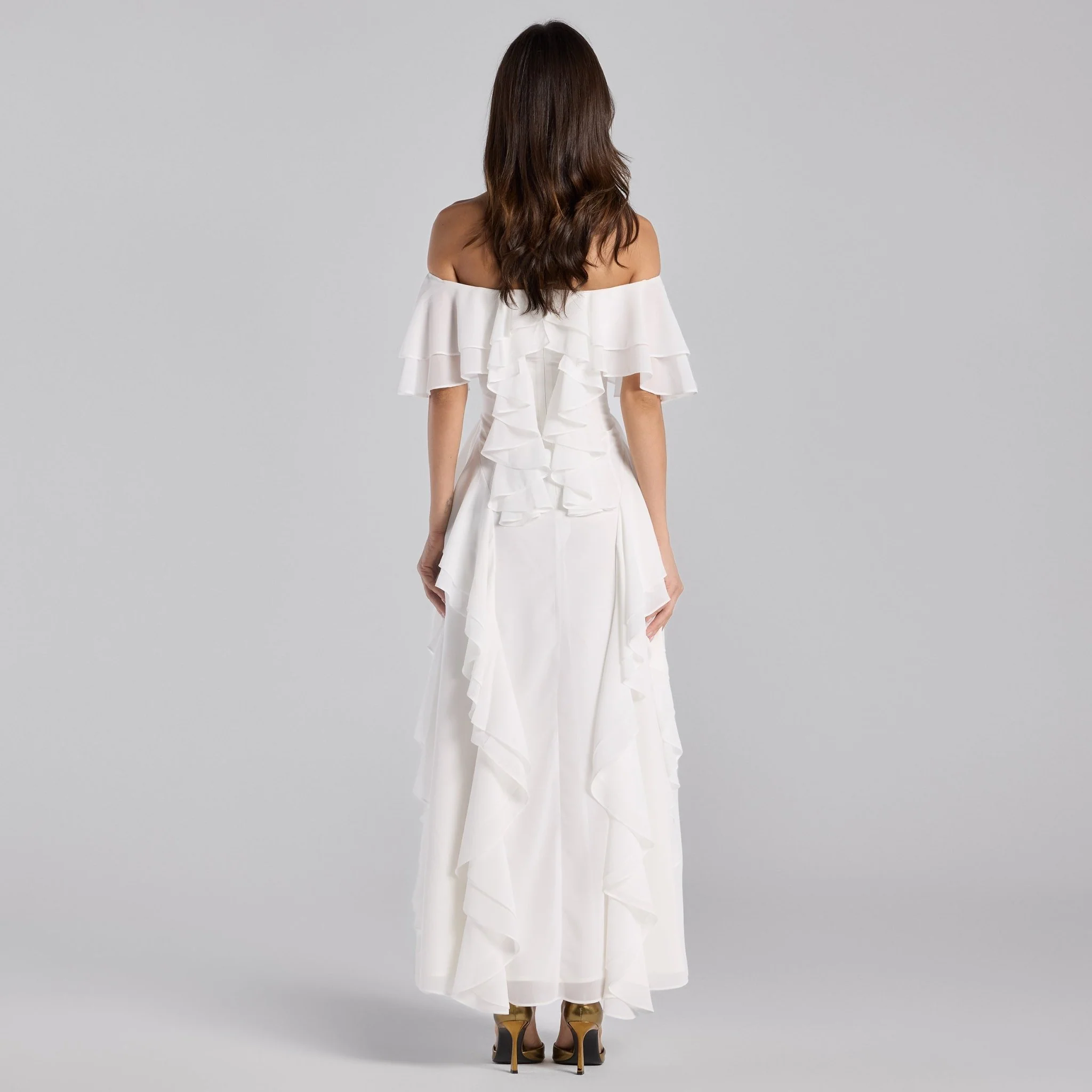 White Off Shoulder Chiffon Maxi Dress With Ruffles - Image 4